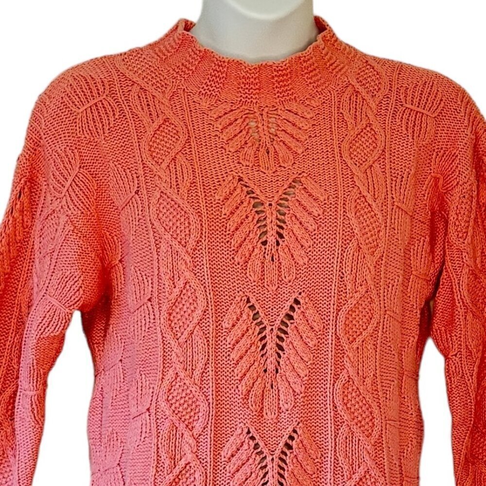Handmade Linen Chunky Cable Knit Sweater Pink Open Knit MACKINAW  Women's M L - Picture 2 of 6
